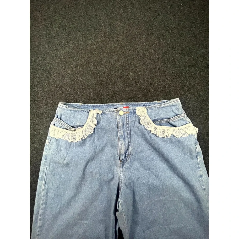 Y2K French Cuff Capri Jeans Women's 12 Blue Denim Embroidered Lace Trim Grunge